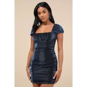 Lulus Absolute Radiance Sparkly Blue Ruched Puff Sleeve Mini Dress - Size M